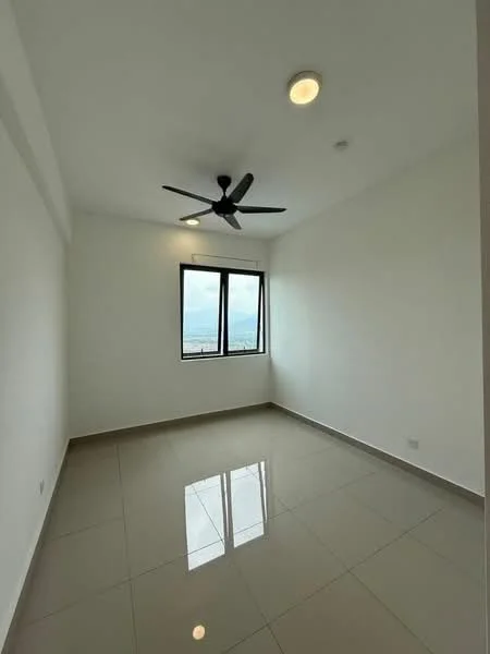 Room features: white painted walls, glossy ceramic tile flooring, 5-blade ceiling fan with light, floor-to-ceiling windows, city view, recessed ceiling lights; style: modern; view: city.