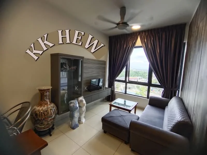 Living features: 3-seater fabric sofa in grey, glass coffee table, wall-mounted TV cabinet, decorative vase, floor-to-ceiling windows, dark curtains, ceiling fan, tile flooring, wood accent wall; style: modern; view: city.