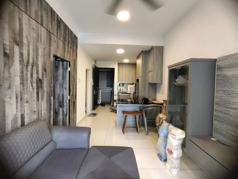 Living features: grey fabric sofa with tufted design, wooden coffee table, flat-screen TV on wall-mounted cabinet, grey cabinetry with glass doors, kitchenette with grey cabinets, stainless-steel sink, built-in oven, 4-burner gas hob, white tiled flooring, ceiling fan, recessed downlights, wood accent wall with vertical panels; style: modern.