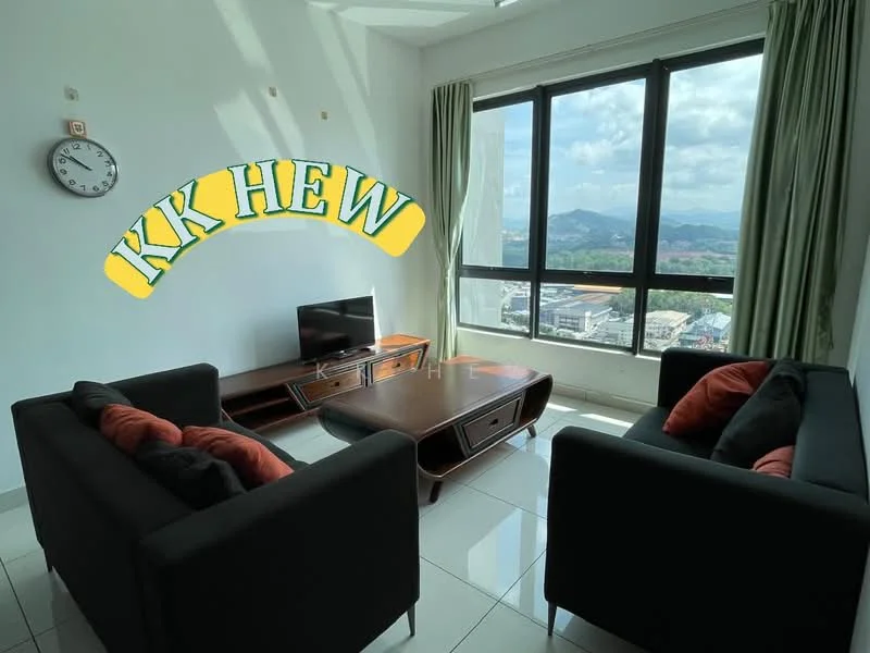 Living features: floor-to-ceiling windows, black fabric sofa with orange cushions, wood coffee table, wall clock, white painted walls, glossy tile flooring, curtains in green, TV console, visible city skyline view; style: modern; view: city.