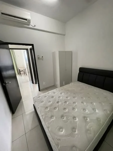 Bedroom features: queen-size bed with upholstered headboard, white walls, white tiled flooring, 1 wall-mounted split AC, built-in wardrobe with white finish, doorway leading to another room, window with sheer curtains, light fixture on ceiling; style: modern.