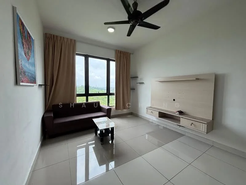 Living features: floor-to-ceiling windows, brown fabric sofa, glass coffee table, wall-mounted TV console, light-colored wall-mounted shelf, recessed ceiling light, 5-blade ceiling fan, cream curtains, glossy tile flooring, white painted walls; style: modern; view: garden.