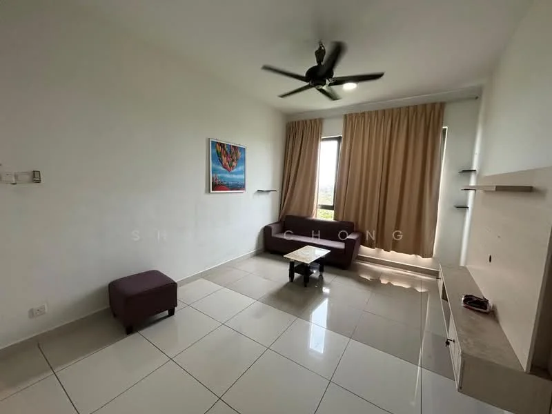 Living features: cream painted walls, white ceiling, 5-blade ceiling fan, large window with city view, beige curtains, light-colored floor tiles, brown fabric sofa, small brown ottoman, wooden coffee table, wall-mounted TV console, decorative artwork on wall; style: modern; view: city.