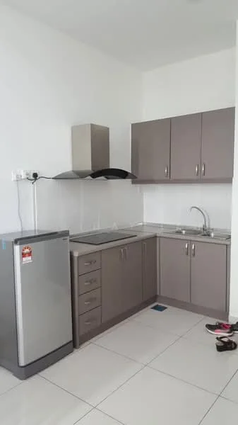 Kitchen features: grey cabinetry, stainless-steel sink, chrome pull-down faucet, built-in oven, stainless-steel range hood, ceramic tile flooring, white walls, recessed downlights, fridge, countertop with backsplash; style: modern.