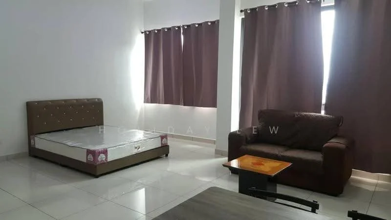 Living features: brown leather sofa, coffee table, queen-size bed with upholstered headboard, white walls, grey tiled flooring, floor-to-ceiling windows, dark purple curtains, natural light from windows; style: modern.