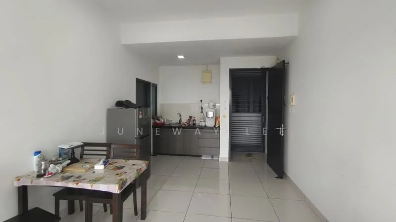 Living features: white painted walls, ceramic tile flooring, dining table with chairs, refrigerator, kitchen cabinetry, sink, stainless-steel appliances, countertop, wall-mounted light fixture; style: modern.