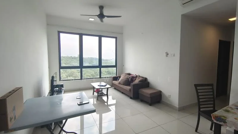 Living features: floor-to-ceiling windows, 3-seater fabric sofa in brown, coffee table, TV console, wall-mounted TV, ceiling fan, white painted walls, glossy tile flooring, decorative table with floral tablecloth, view of greenery; style: modern; view: garden.