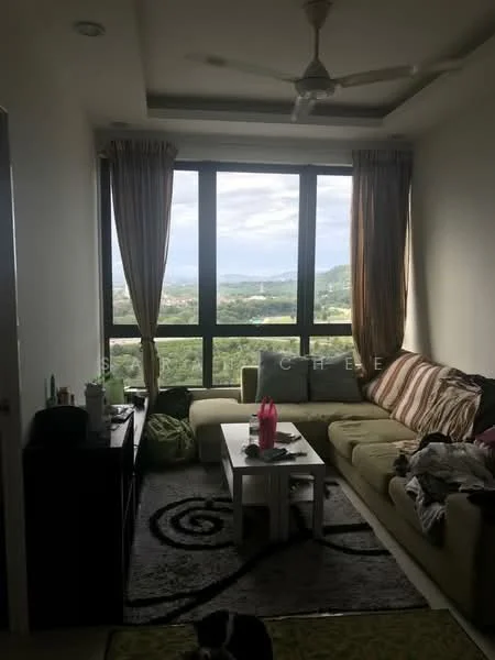 Living features: 3-seater fabric sofa in green, coffee table, area rug with geometric pattern, floor-to-ceiling windows, curtains, ceiling fan, TV console, decorative items on the table; style: modern; view: mountain.