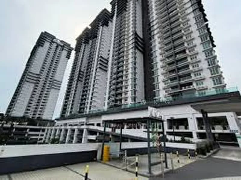 Exterior type: high-rise condominium; features: glass curtain wall, white painted facade, balconies on upper floors, multiple storeys, parking deck visible, surrounded by greenery; style: modern.