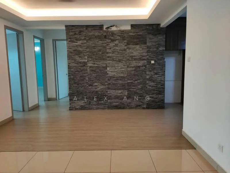 Living features: laminate wood flooring, stone feature wall, recessed ceiling with LED lighting, white painted walls, open layout, floor-to-ceiling windows, doorway to adjacent rooms, neutral color palette; style: modern.