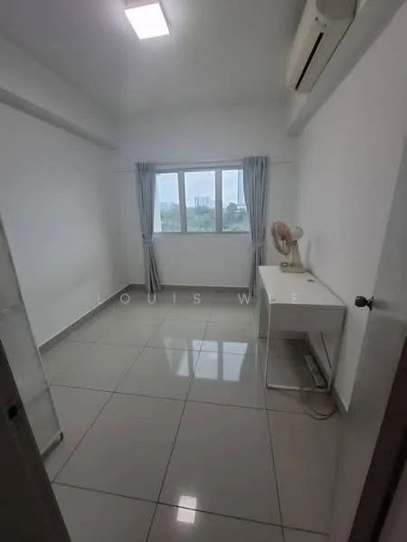 Room features: white painted walls, grey tiled flooring, floor-to-ceiling windows, curtains, wall-mounted split AC, desk with chair, standing fan, light fixture in ceiling; style: modern; view: city.