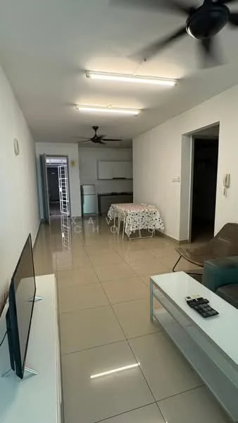 Living features: white painted walls, glossy tile flooring, 5-blade ceiling fan, recessed ceiling lights, TV console, wall-mounted TV, sofa in green, coffee table, dining table with chairs, fridge visible in background, open layout, doorway leading to hallway; style: modern.