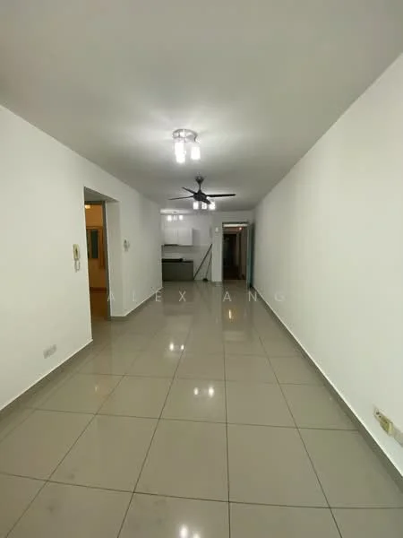 Living features: white painted walls, glossy ceramic tile flooring, 5-blade ceiling fan with light, recessed downlights, open layout, neutral color scheme, large space, no visible furniture; style: modern.