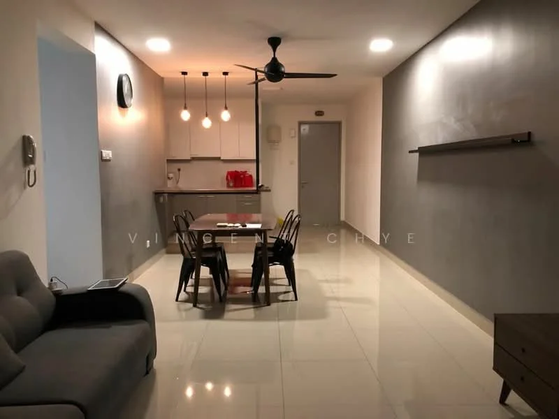 Living features: grey painted walls, glossy tile flooring, 5-blade ceiling fan with light, pendant lighting above dining table, sofa in dark grey fabric, dining table with black chairs, open kitchen layout, kitchen cabinetry with countertop, wall-mounted shelf, refrigerator visible in kitchen area; style: modern.