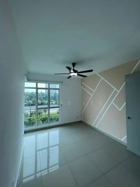 Room features: white painted walls, accent wall with geometric pattern, glossy tile flooring, 5-blade ceiling fan with light, floor-to-ceiling windows, curtains, view of greenery outside; style: modern; view: garden.