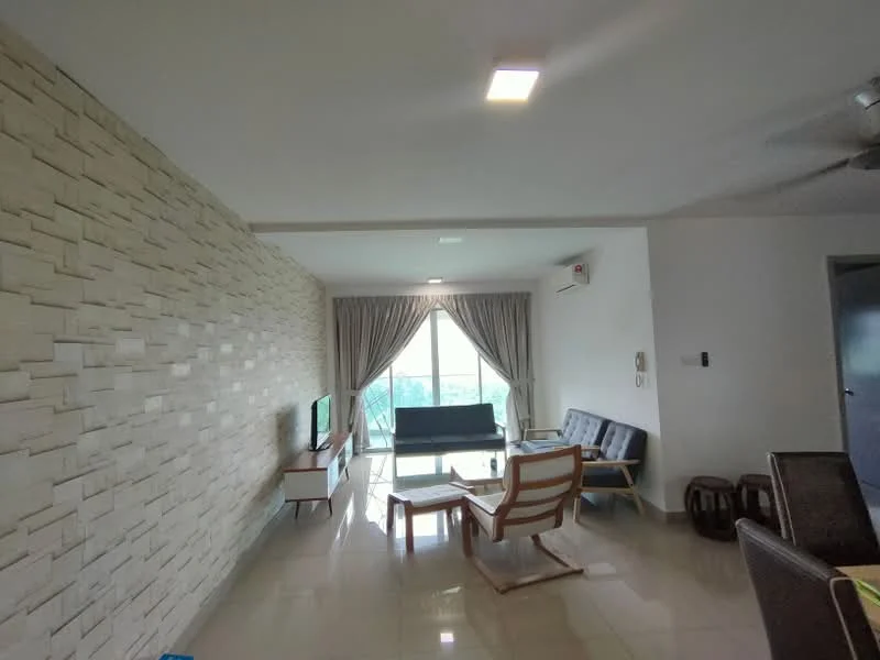 Living features: cream painted walls, exposed stone accent wall, polished tile flooring, floor-to-ceiling windows, sheer curtains, 3-seater black sofa, 2-seater grey sofa, wooden coffee table, ceiling fan, wall-mounted TV, air conditioning unit; style: modern; view: city.