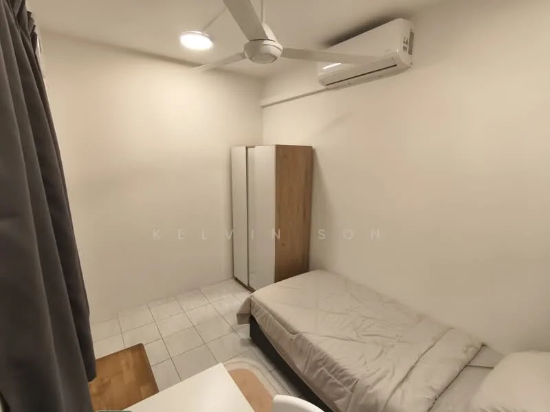 Bedroom features: single bed with beige bedding, white painted walls, white tiled flooring, 5-blade ceiling fan, 1 wall-mounted split AC, wooden wardrobe, wooden bedside table, curtains, light fixture in ceiling; style: minimalist.