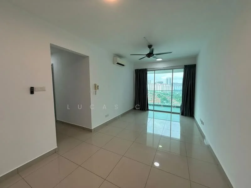 Living features: white painted walls, glossy ceramic tile flooring, 5-blade ceiling fan with light, floor-to-ceiling windows, sliding glass door, grey curtains, air conditioning unit, city view; style: modern; view: city.