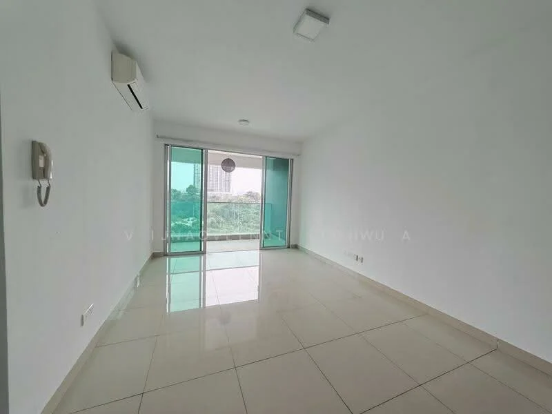 Living features: white painted walls, glossy ceramic tile flooring, floor-to-ceiling windows, sliding glass door, 1 wall-mounted split AC, recessed downlights, neutral color scheme, view of greenery; style: modern; view: garden.