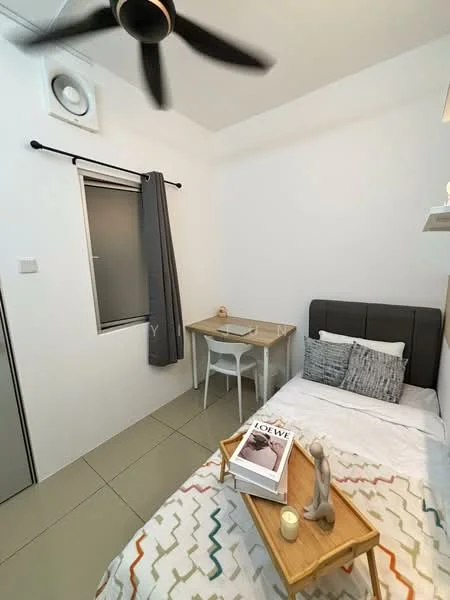 Bedroom features: queen-size bed with upholstered headboard, white bedding with geometric pattern, study desk with chair, wall-mounted shelf, floor-to-ceiling window with sheer curtains, ceiling fan, light-colored tiled flooring, decorative items on the desk; style: modern.