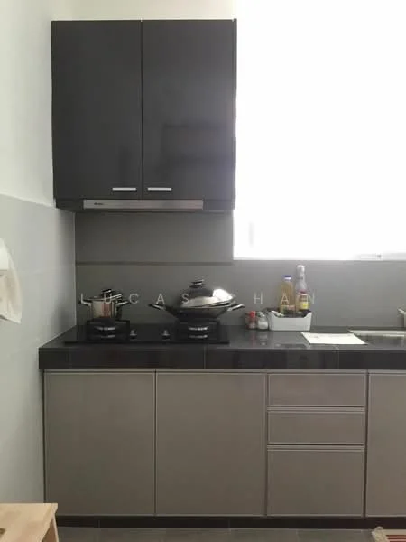 Kitchen features: dark grey upper cabinets, light grey lower cabinets, black countertop, stainless-steel gas stove, stainless-steel range hood, silver pot on stove, white wall with window, kitchen utensils on countertop, sink with faucet; style: modern.