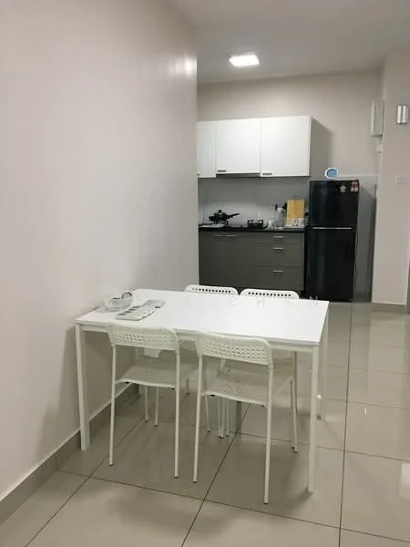 Kitchen features: white cabinets, grey lower cabinets, black refrigerator, stainless-steel gas stove, white countertop, tile backsplash, white dining table, four white chairs, recessed ceiling lights, glossy tile flooring, wall-mounted kitchen utensils, open shelving; style: modern.