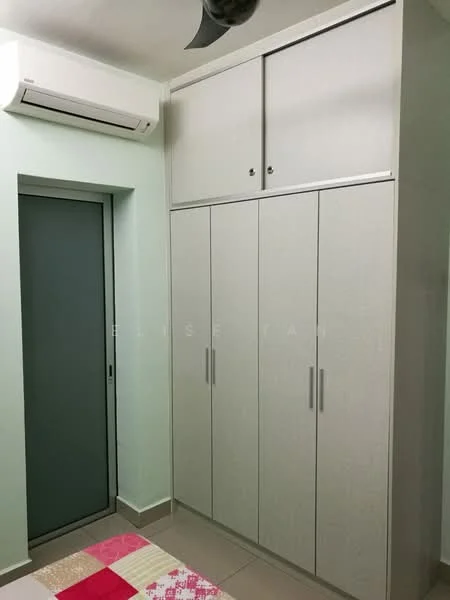 Room features: built-in wardrobe with sliding doors, light grey cabinetry, wall-mounted split AC, green painted walls, grey tiled flooring, door to adjacent room, ceiling fan, recessed lighting; style: modern.