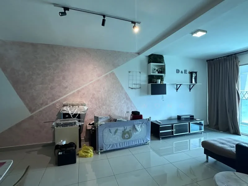 Living features: pink and grey accent wall, glossy tile flooring, recessed downlights, floor-to-ceiling windows with sheer curtains, TV console, open shelving, sofa, baby crib, decorative wall letters; style: modern.