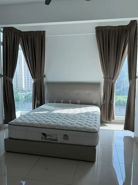 Bedroom features: king-size bed, upholstered headboard, floor-to-ceiling windows, sheer curtains, dark brown curtains, white painted walls, glossy tile flooring, city view; style: modern; view: city.
