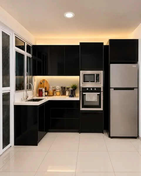 Kitchen features: black cabinetry, white countertop, stainless-steel sink, chrome pull-down faucet, built-in microwave, built-in oven, stainless-steel fridge, ceramic tile flooring, floor-to-ceiling windows, recessed downlights, decorative wooden cutting board, open shelving, kitchen utensils, glass jars, potted plant; style: modern.