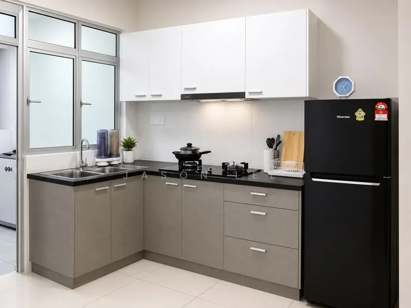 Kitchen features: grey and white cabinetry, black countertop, single-bowl stainless-steel sink, chrome pull-down faucet, built-in gas stove, black refrigerator, wood cutting board, kitchen utensils, window with glass panes, tile flooring, wall-mounted clock; style: modern.