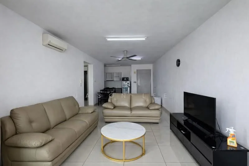 Living features: 2-seater leather sofa in beige, 3-seater leather sofa in beige, round coffee table with gold base, wall-mounted TV, black TV console, white painted walls, tile flooring, 5-blade ceiling fan, 1 wall-mounted split AC, recessed ceiling lights; style: modern.