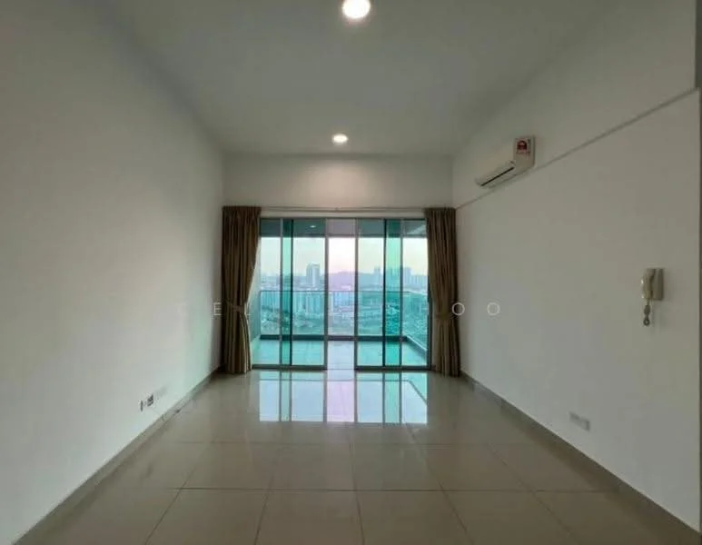 Living features: white painted walls, glossy ceramic tile flooring, floor-to-ceiling windows, sliding glass door, sheer curtains, 1 wall-mounted split AC, recessed downlights, neutral color scheme; style: modern; view: city.