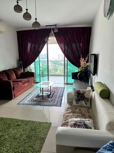 Living features: 2-seater white sofa, 3-seater maroon fabric sofa, glass coffee table, area rug with geometric pattern, floor-to-ceiling windows, curtains in dark red, wall-mounted TV, decorative cushions with floral pattern, green accent pillow, green carpet flooring, wall-mounted air conditioning unit, decorative plants; style: contemporary; view: city.