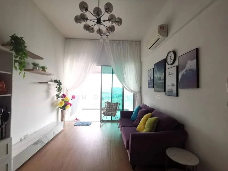 Living features: purple fabric sofa, decorative cushions in yellow, green, and blue, wooden flooring, white painted walls, ceiling light fixture with multiple bulbs, floor-to-ceiling windows, sheer curtains, wall-mounted clock, open shelving unit, decorative plants, armchair, wall art with landscape prints; style: modern; view: city.
