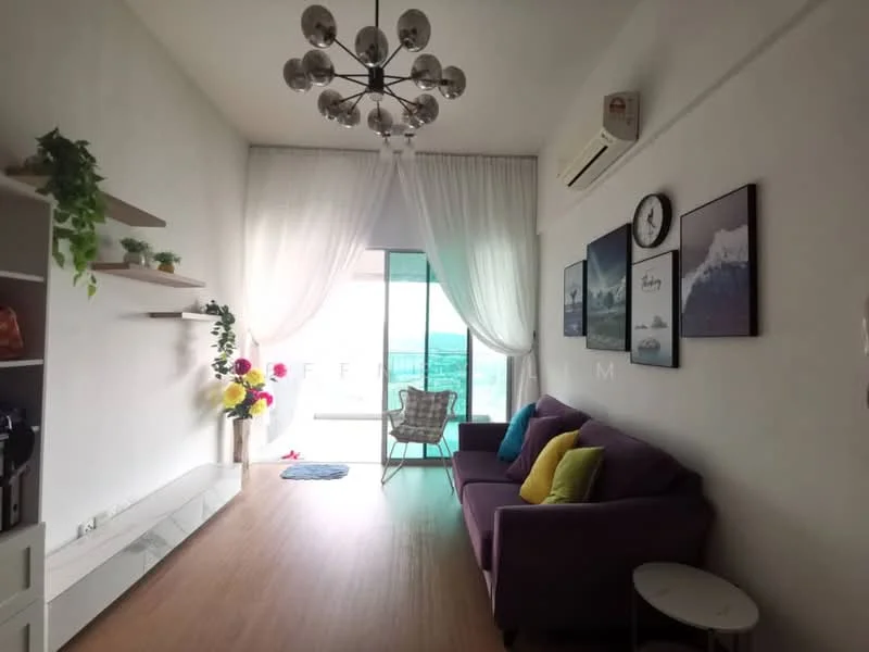 Living features: purple fabric sofa, yellow, green, and blue decorative cushions, wooden flooring, white painted walls, ceiling-mounted chandelier, floor-to-ceiling windows, sheer white curtains, wall-mounted clock, open shelving unit, decorative plants, area rug, view of city skyline; style: modern; view: city.
