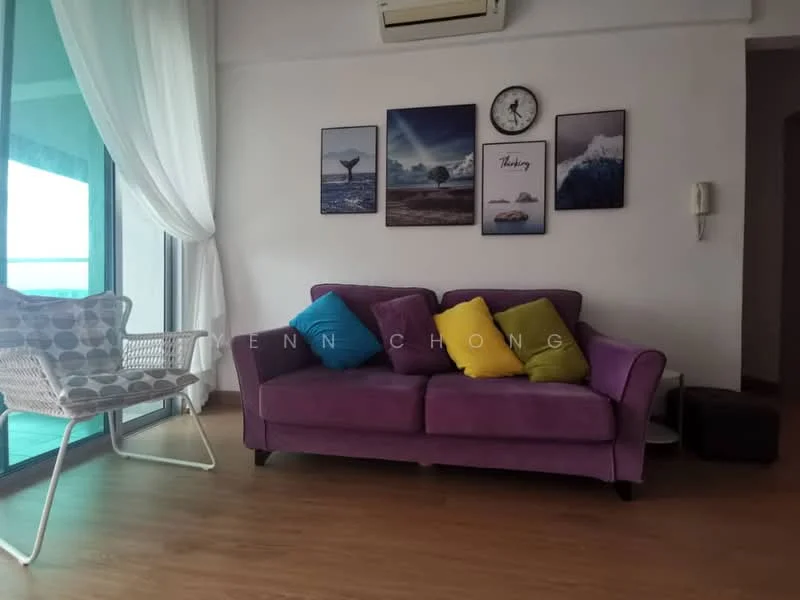 Living features: purple fabric sofa, colorful throw pillows, wooden flooring, floor-to-ceiling windows, sheer curtains, wall-mounted clock, framed artwork on walls, accent chair, small side table; style: modern; view: city.