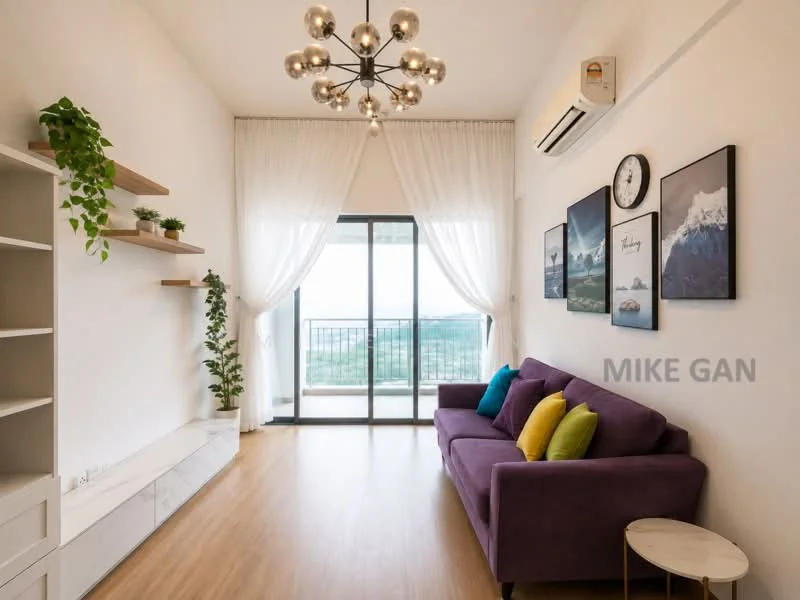 Living features: purple fabric sofa, 5-seater sofa, decorative cushions in various colors, white wall-mounted shelves, wooden flooring, floor-to-ceiling windows, sheer curtains, chandelier with multiple bulbs, wall clock, greenery in pots, small round side table; style: modern; view: city.