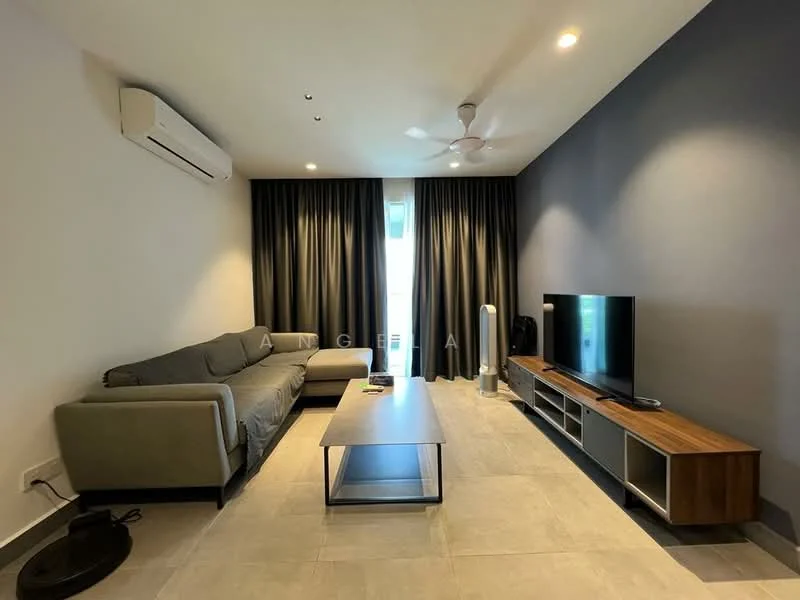 Living features: 3-seater fabric sofa in grey, coffee table, wall-mounted TV, TV console with wooden finish, floor-to-ceiling windows, blackout curtains, ceiling fan, wall-mounted air conditioning unit, light grey tiled flooring, decorative floor fan; style: modern.