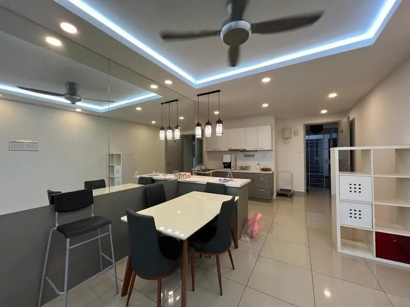 Kitchen features: white cabinetry, grey countertop, stainless-steel appliances, built-in oven, freestanding range oven, double-bowl stainless-steel sink, chrome pull-down faucet, pendant lighting, recessed LED downlights, island with seating, tile flooring, mirror wall, ceiling fan with light; style: modern.