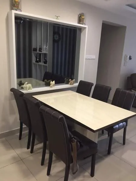 Dining features: 6-seater dining table with marble top, upholstered dining chairs in dark brown, mirrored wall feature, decorative items on display, neutral wall colour, tile flooring, recessed ceiling lights, wall-mounted clock; style: modern.