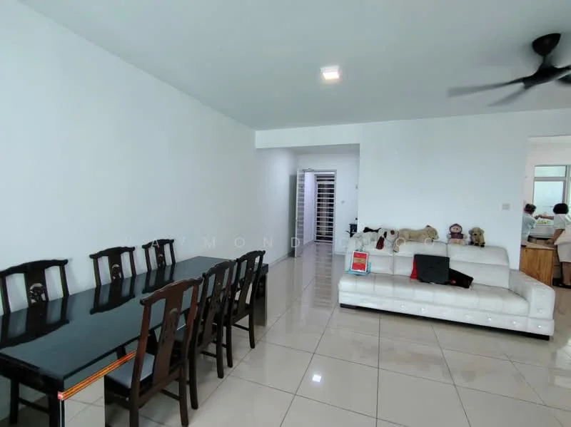 Living features: white painted walls, glossy tile flooring, 5-blade ceiling fan, sofa in white, dining table with 6 chairs, decorative cushions, teddy bears on sofa, open layout, natural light from windows; style: modern.