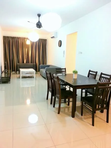 Living features: 3-seater fabric sofa in grey, 2-seater fabric sofa, coffee table, TV console, wall-mounted TV, area rug, 5-blade ceiling fan with light, floor-to-ceiling curtains, glossy tile flooring, decorative wall clock; style: modern. Dining features: 6-seater dining table, wooden dining chairs, decorative plant on table, glossy tile flooring; style: modern.