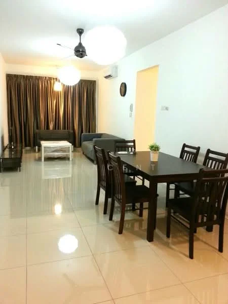 Living features: white painted walls, glossy ceramic tile flooring, 5-blade ceiling fan with light, sofa in grey fabric, coffee table, TV console, wall-mounted TV, dining table with 6 chairs, curtains in brown, air conditioning unit; style: modern.