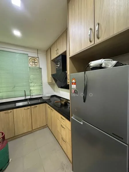 Kitchen features: light wood cabinetry, black granite countertop, stainless-steel fridge, single-bowl stainless-steel sink, chrome pull-down faucet, built-in oven, ceramic tile flooring, window with blinds, kitchen cabinets with glass front, wall-mounted storage, cooking pot on stove; style: modern.