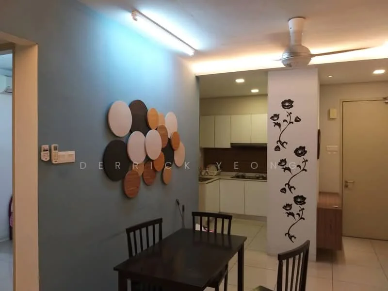 Dining features: dining table with four chairs, light blue painted walls, white ceiling with recessed lighting, 5-blade ceiling fan, decorative wall with circular wooden panels, wall with floral design, tile flooring, open kitchen area visible in background; style: modern. Kitchen features: white cabinetry, countertop with integrated sink, kitchen appliances visible, tile backsplash, open layout to dining area; style: modern.