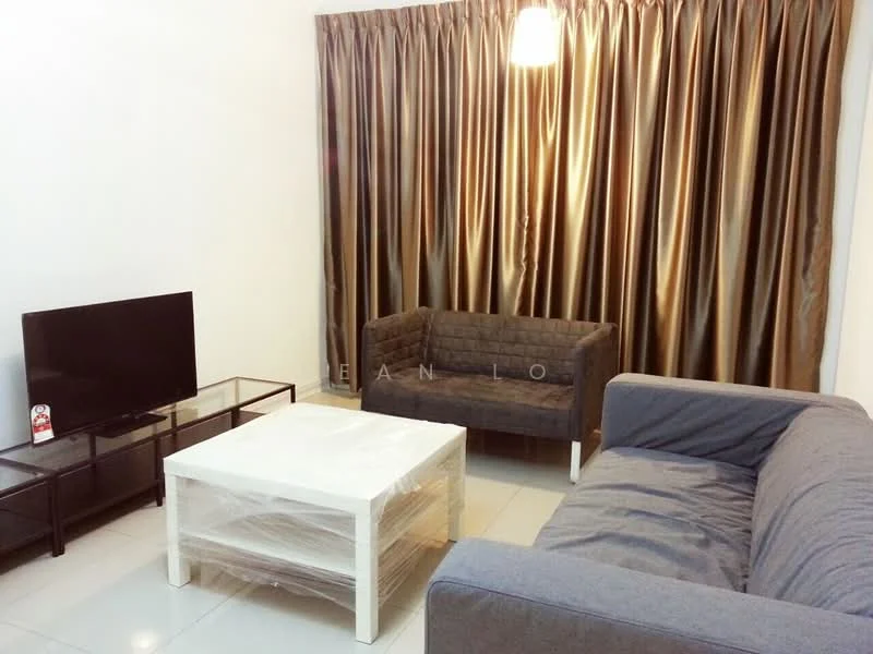 Living features: grey fabric 3-seater sofa, grey fabric 2-seater sofa, white coffee table, black TV console, wall-mounted flat-screen TV, floor-to-ceiling curtains in brown, recessed ceiling light, glossy tile flooring; style: modern.