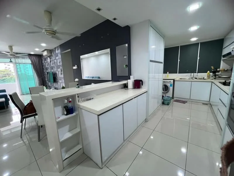 Kitchen features: white cabinetry, marble countertop, stainless-steel sink, chrome pull-down faucet, built-in oven, freestanding range oven, microwave, washing machine, tile flooring, recessed downlights, open shelving, breakfast bar, wall-mounted mirror, grey accent wall; style: modern. Living features: sofa, coffee table, area rug, floor-to-ceiling windows, curtains, ceiling fan; style: modern; view: garden.