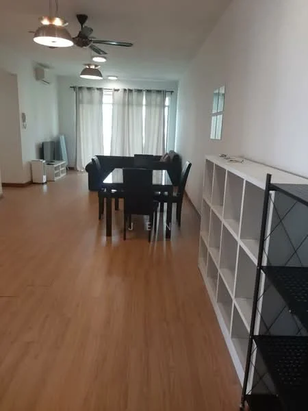 Dining features: dining table with black chairs, laminate flooring, white painted walls, ceiling fan with light, large windows with sheer curtains, mirror on wall, open shelving unit, TV console, sofa in background; style: modern.