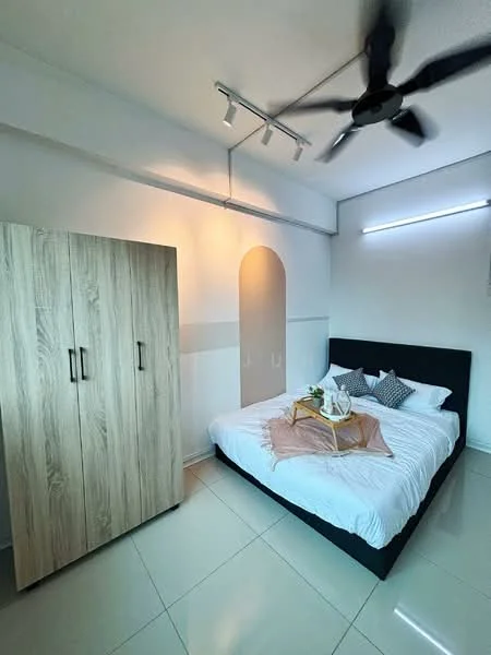 Bedroom features: king-size bed with white bedding, upholstered headboard, wooden wardrobe with two doors, ceiling fan with light, recessed LED lighting, decorative throw blanket, decorative pillows, white painted walls, glossy tile flooring; style: modern.